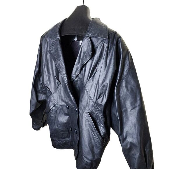 Vintage 80s Oversized Leather Jacket Womens Size M Black Double Breasted Shoulde - Picture 5 of 8